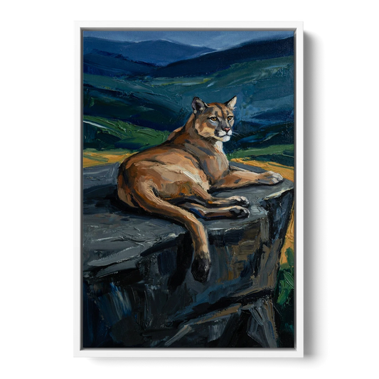 Dark Nature Painting Mountain Lion at Dusk - White Framed Canvas Wall Art - Front