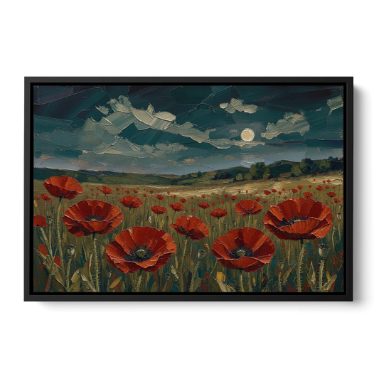 Dark Red Painting of Moonlit Poppy Fields - Black Framed Canvas Wall Art - Front
