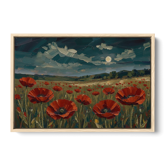 Dark Red Painting of Moonlit Poppy Fields - Oak Framed Canvas Wall Art - Front