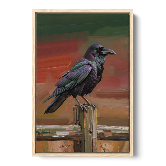 Dark Wall Art Raven on a Fence Post - Oak Framed Canvas Wall Art - Front
