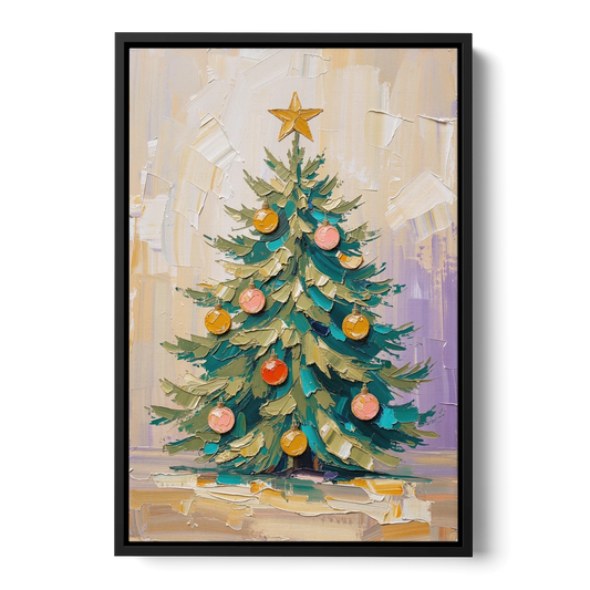 Decorated Christmas Tree Painting with Peach Baubles - Black Framed Canvas Wall Art - Front
