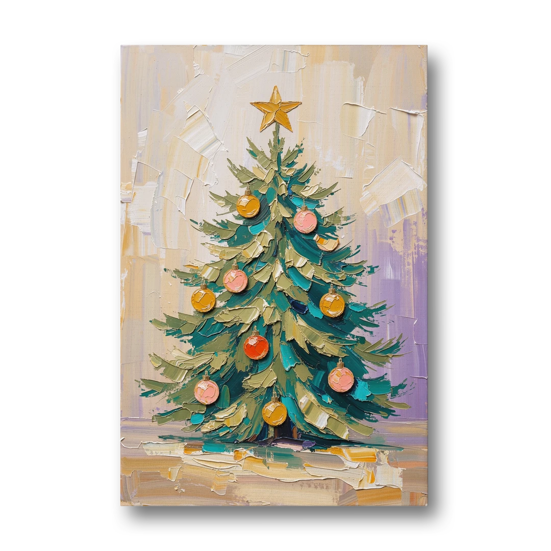 Decorated Christmas Tree Painting with Peach Baubles - Canvas Wall Art - Front