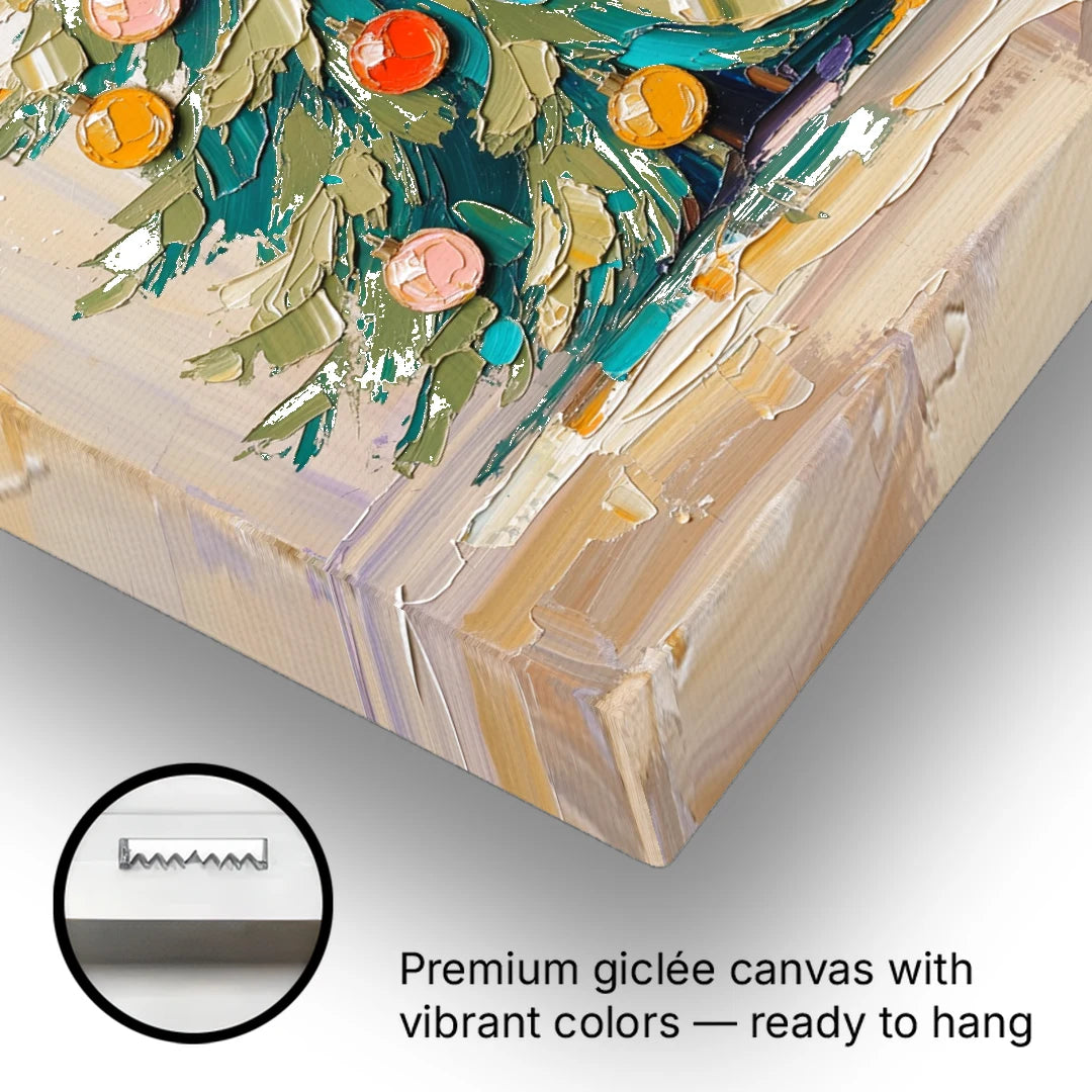 Decorated Christmas Tree Painting with Peach Baubles - Canvas Wall Art - Gallery Wrap Corner