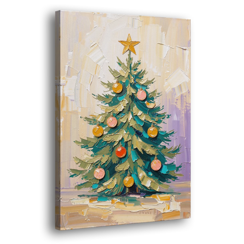 Decorated Christmas Tree Painting with Peach Baubles - Canvas Wall Art
