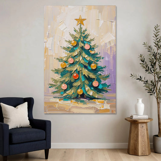 Decorated Christmas Tree Painting with Peach Baubles - Canvas Wall Art - Sofa - 40x60