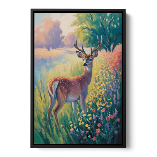 Deer Among Wildflowers - Black Framed Canvas Wall Art - Front