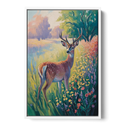 Deer Among Wildflowers Front - White Canvas Wall Art