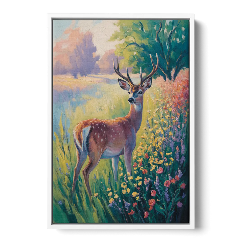 Deer Among Wildflowers Front - White Canvas Wall Art