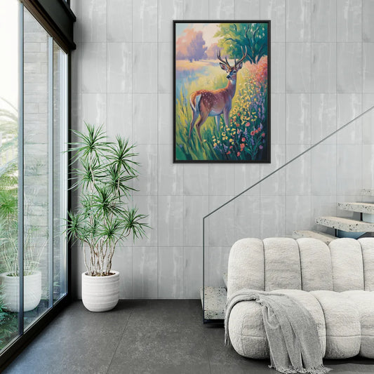 Deer Among Wildflowers - Living Room Black Frame Canvas