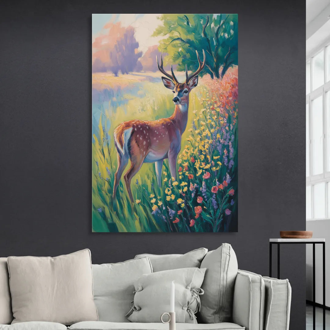 Deer Among Wildflowers Living Room - Canvas Wall Art