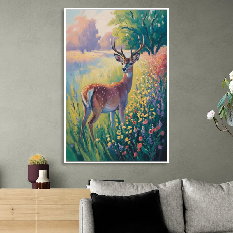 Deer Among Wildflowers Sitting Room - White Canvas Wall Art