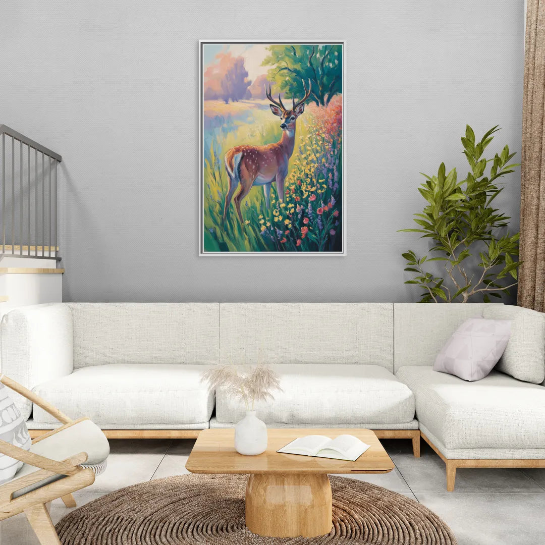 Deer Among Wildflowers - Living Room White Frame Canvas