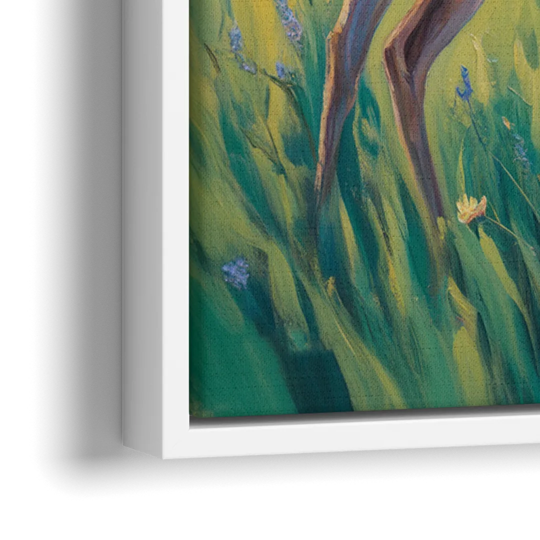 Deer Among Wildflowers - Close-Up White Frame Canvas