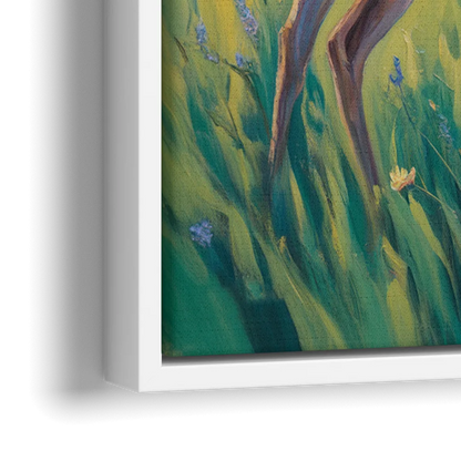Deer Among Wildflowers - Close-Up White Frame Canvas