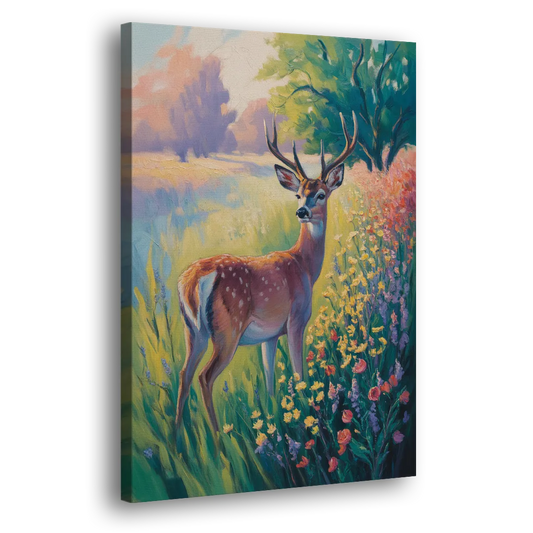 Deer Among Wildflowers Side - Canvas Wall Art