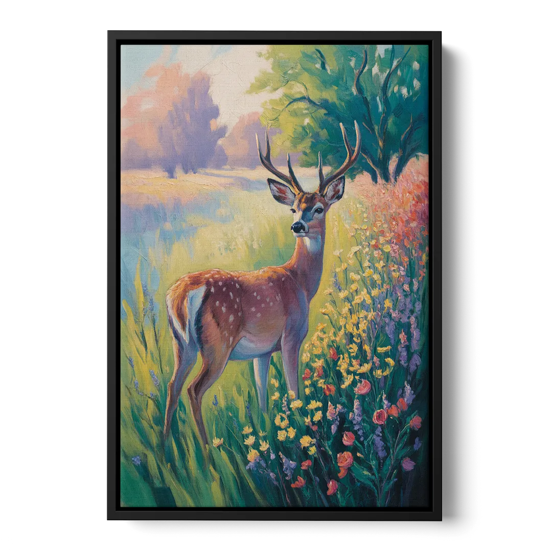 Deer Among Wildflowers - Black Frame Canvas