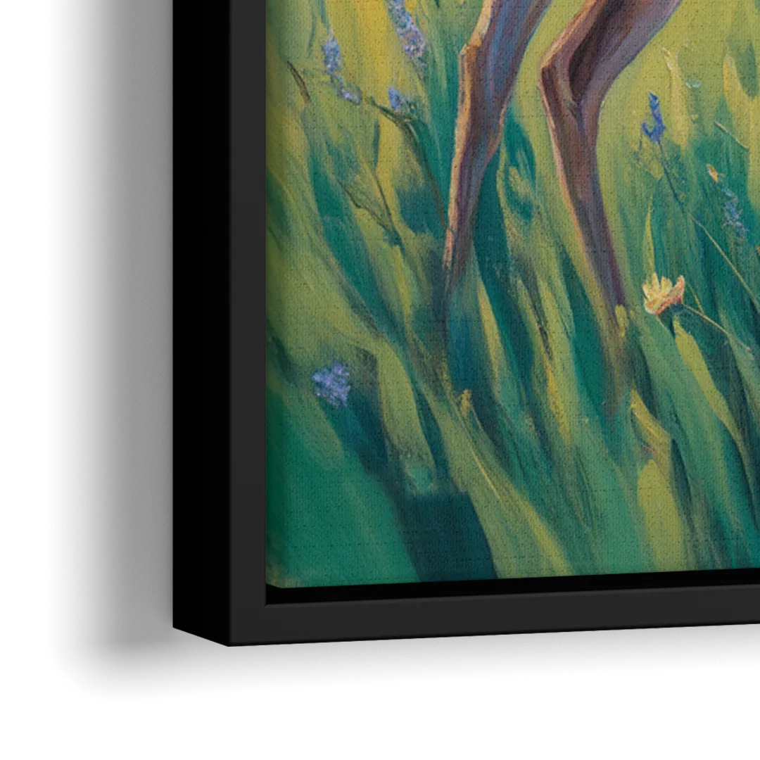 Deer Among Wildflowers - Close-Up Black Frame Canvas