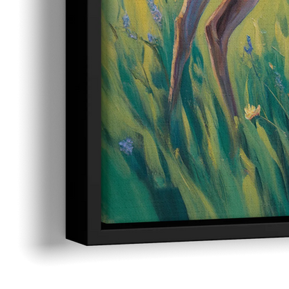 Deer Among Wildflowers - Close-Up Black Frame Canvas