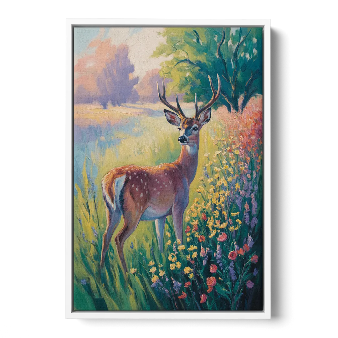 Deer Among Wildflowers - White Frame Canvas