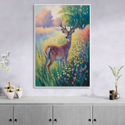 Deer Among Wildflowers Living Room - White Canvas Wall Art