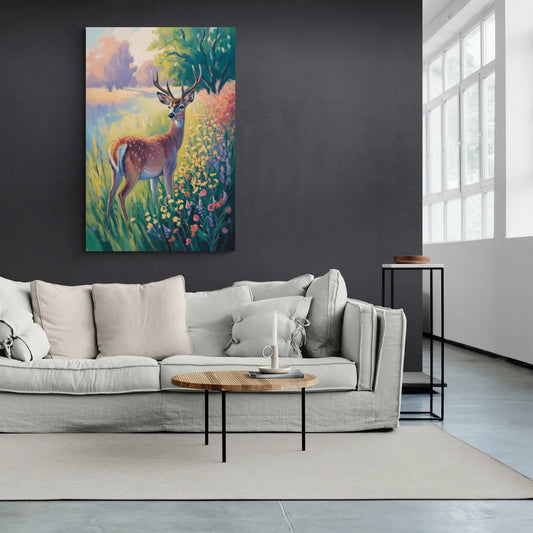 Deer Among Wildflowers - Canvas Wall Art Living Room