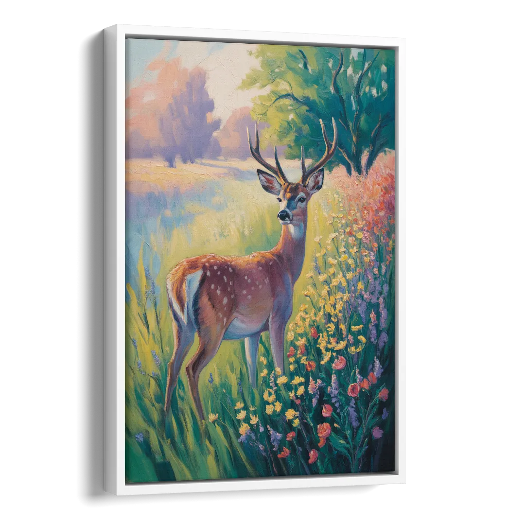 Deer Among Wildflowers Side - White Canvas Wall Art
