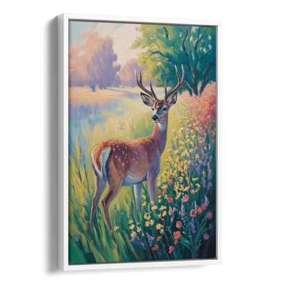 Deer Among Wildflowers Side - White Canvas Wall Art