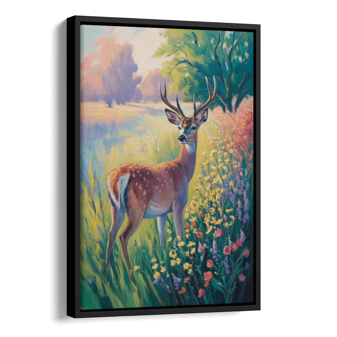 Deer Among Wildflowers Side - Black Canvas Wall Art
