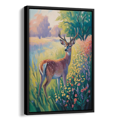 Deer Among Wildflowers Side - Black Canvas Wall Art