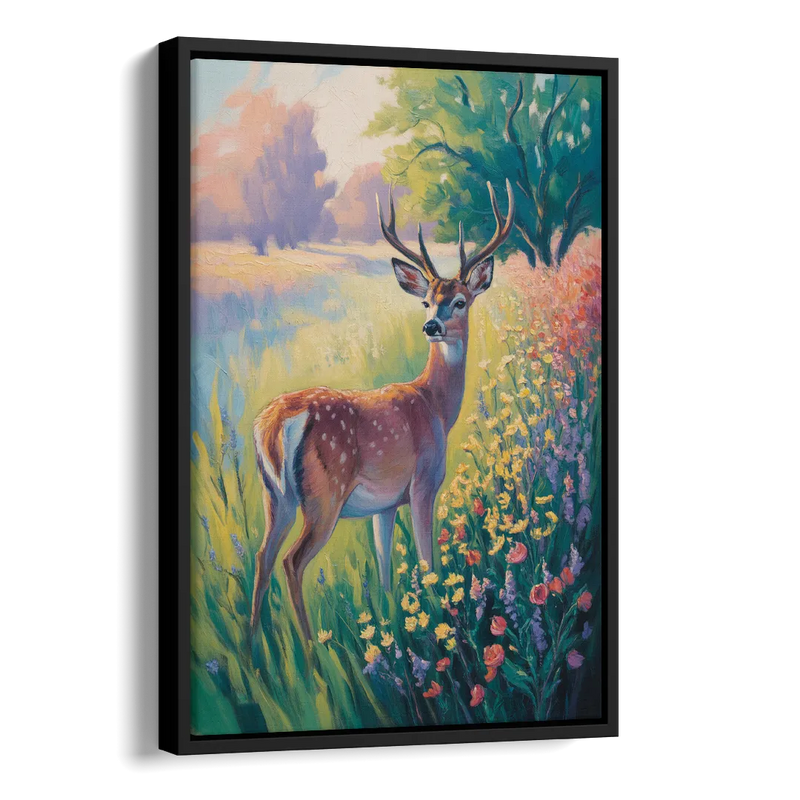 Deer Among Wildflowers Side - Black Canvas Wall Art