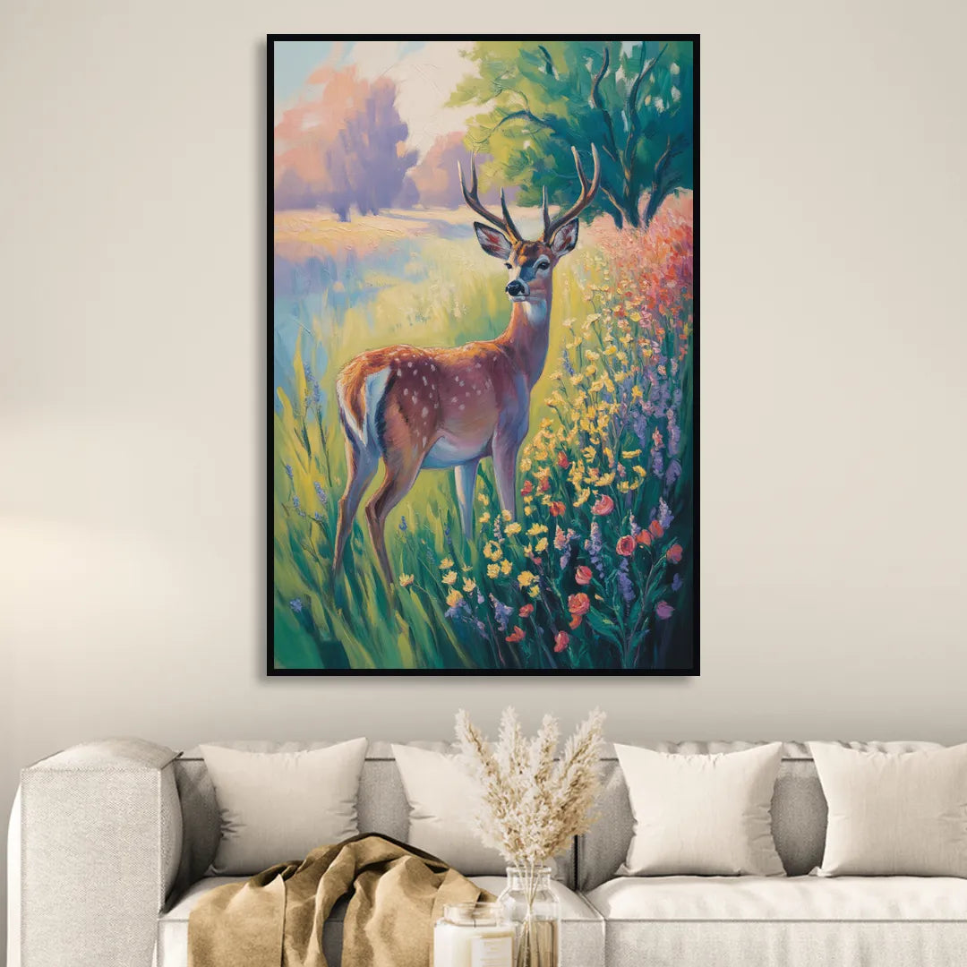 Deer Among Wildflowers Living Room - Black Canvas Wall Art