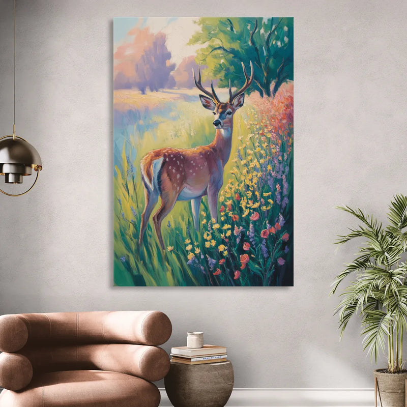 Deer Among Wildflowers Sitting Room - Canvas Wall Art