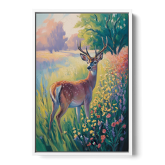 Deer Among Wildflowers - White Framed Canvas Wall Art - Front
