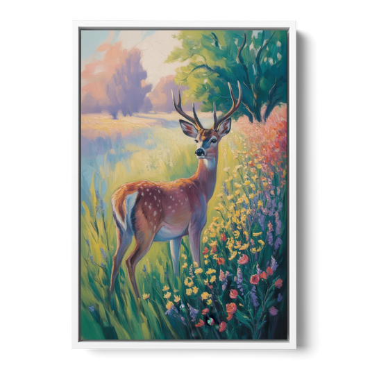 Deer Among Wildflowers - White Framed Canvas Wall Art - Front