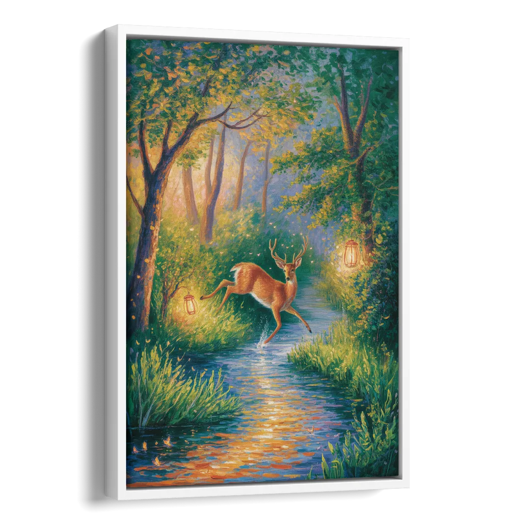 Deer Crossing the Stream Side - White Canvas Wall Art