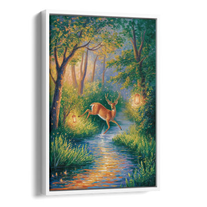 Deer Crossing the Stream Side - White Canvas Wall Art