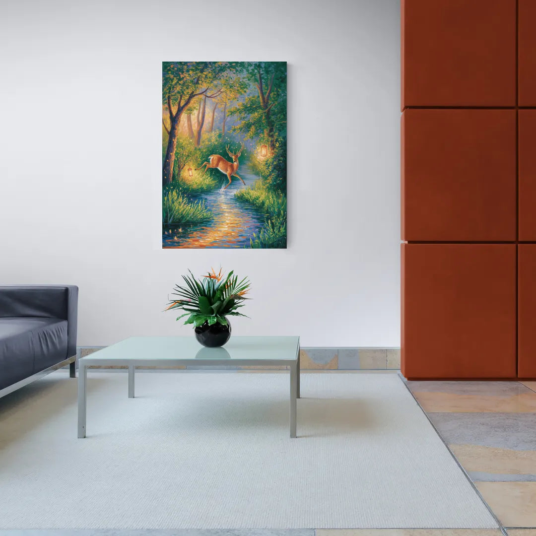 Deer Crossing the Stream - Canvas Wall Art Living Room