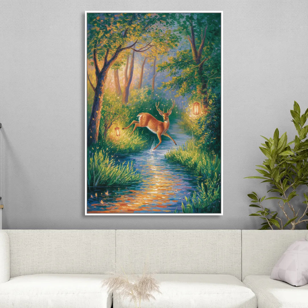 Deer Crossing the Stream Sitting Room - White Canvas Wall Art