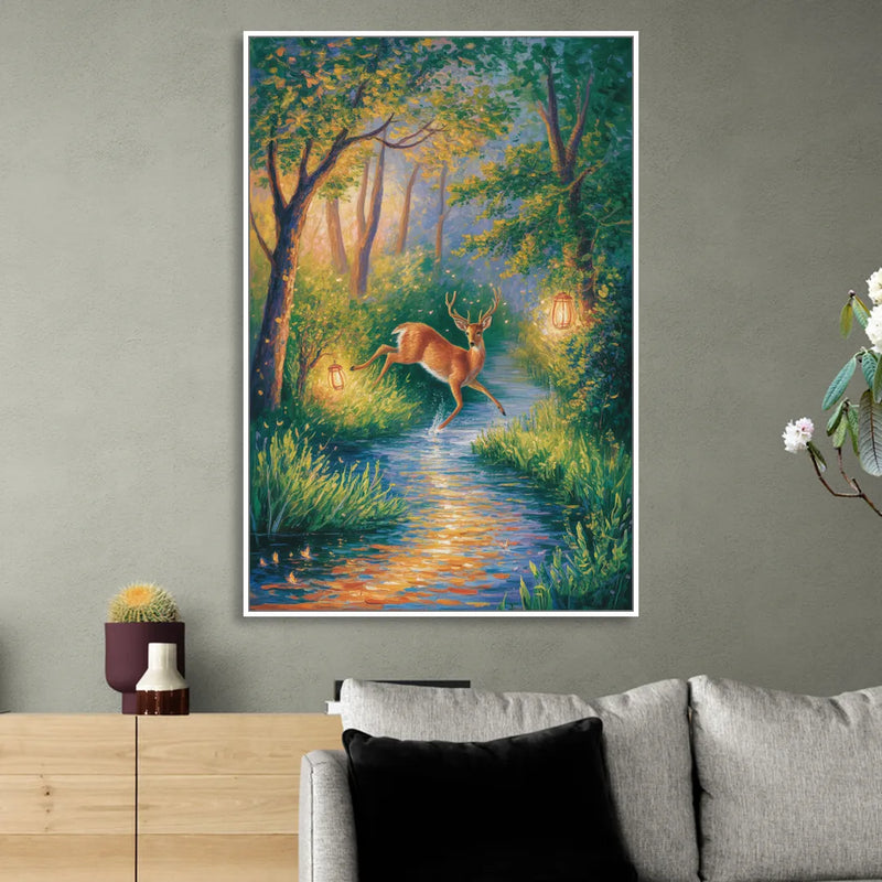 Deer Crossing the Stream Living Room - White Canvas Wall Art