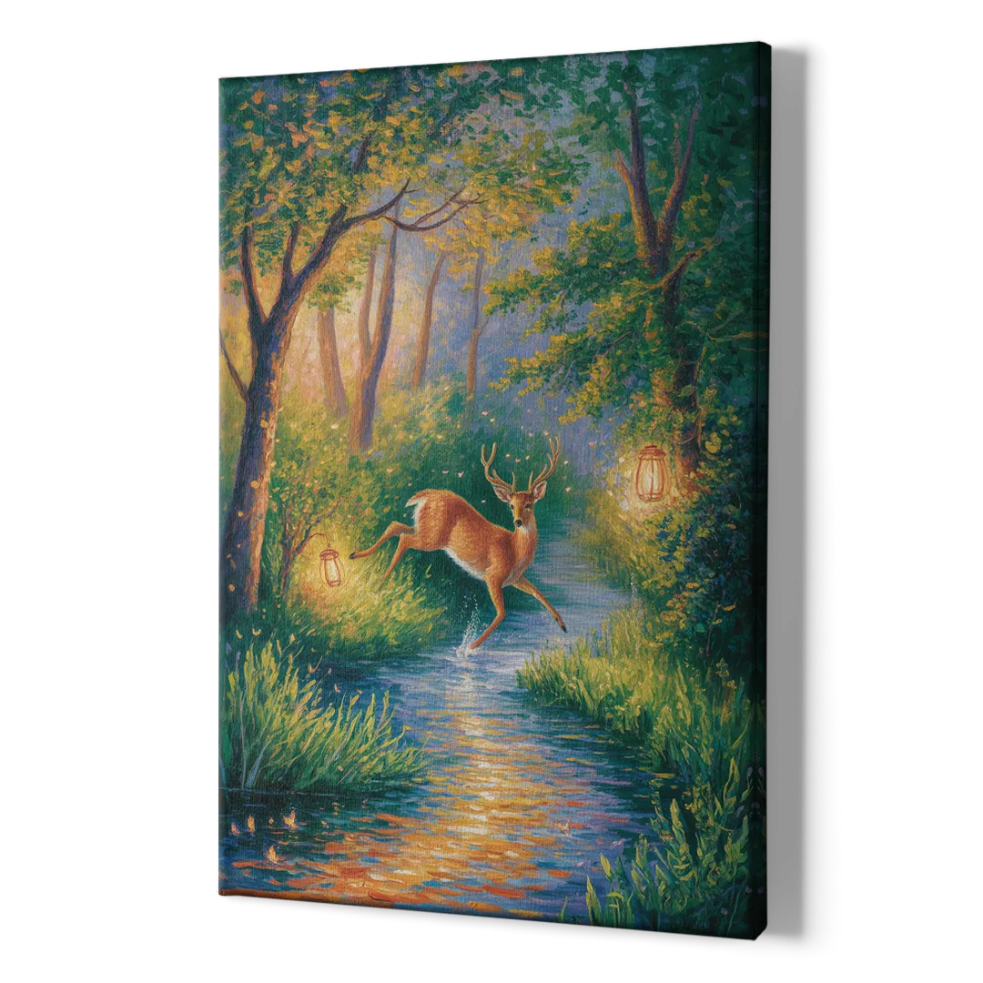 Deer Crossing the Stream - Canvas Print Art Sides