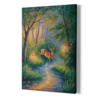 Deer Crossing the Stream - Canvas Print Art Sides
