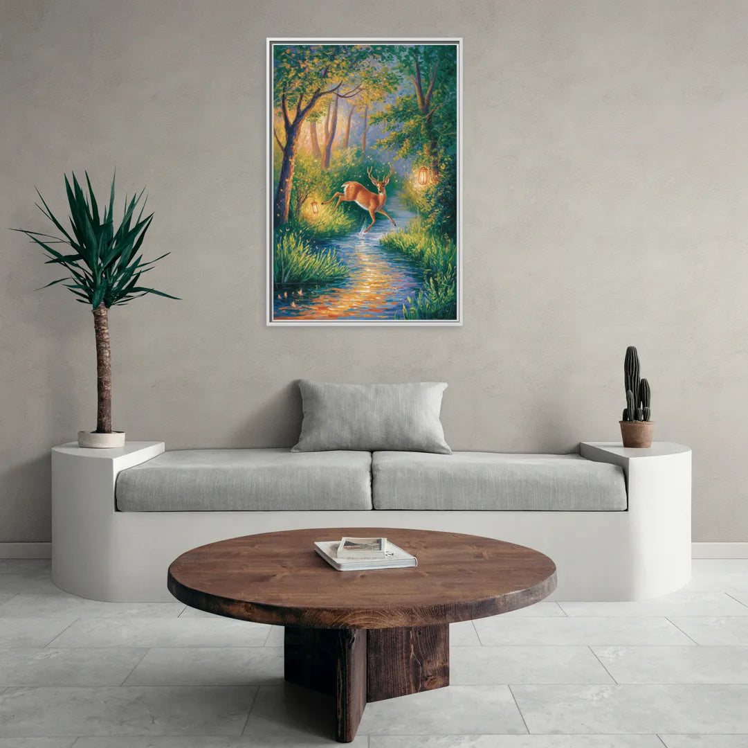 Deer Crossing the Stream - Living Room White Frame Canvas