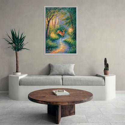 Deer Crossing the Stream - Living Room White Frame Canvas