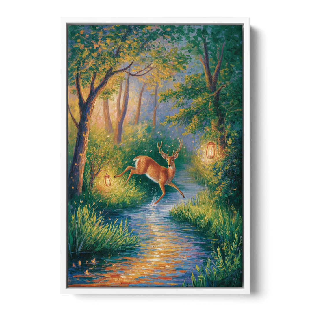 Deer Crossing the Stream - White Frame Canvas