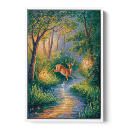 Deer Crossing the Stream - White Frame Canvas