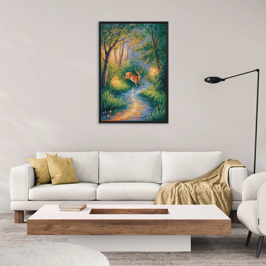 Deer Crossing the Stream - Living Room Black Frame Canvas