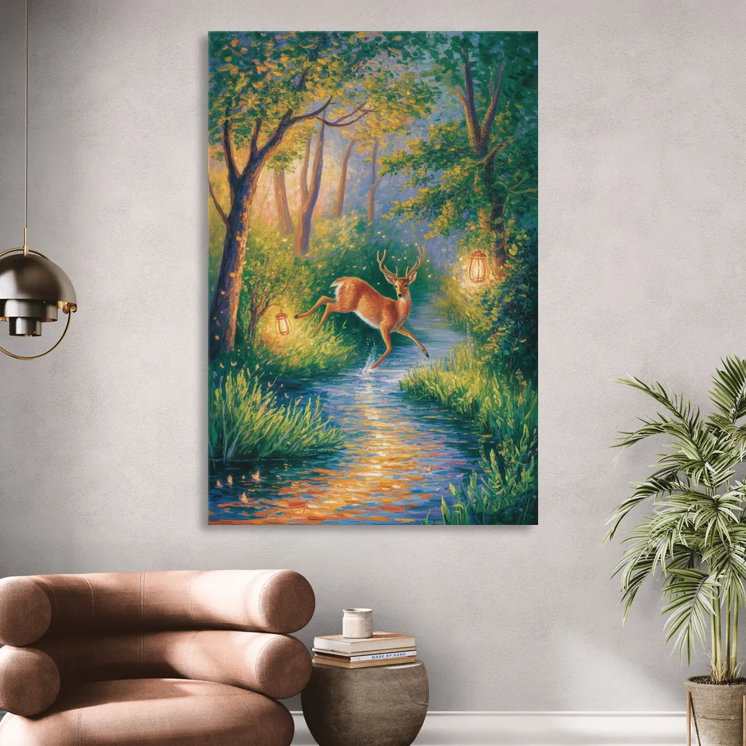 Deer Crossing the Stream Living Room - Canvas Wall Art