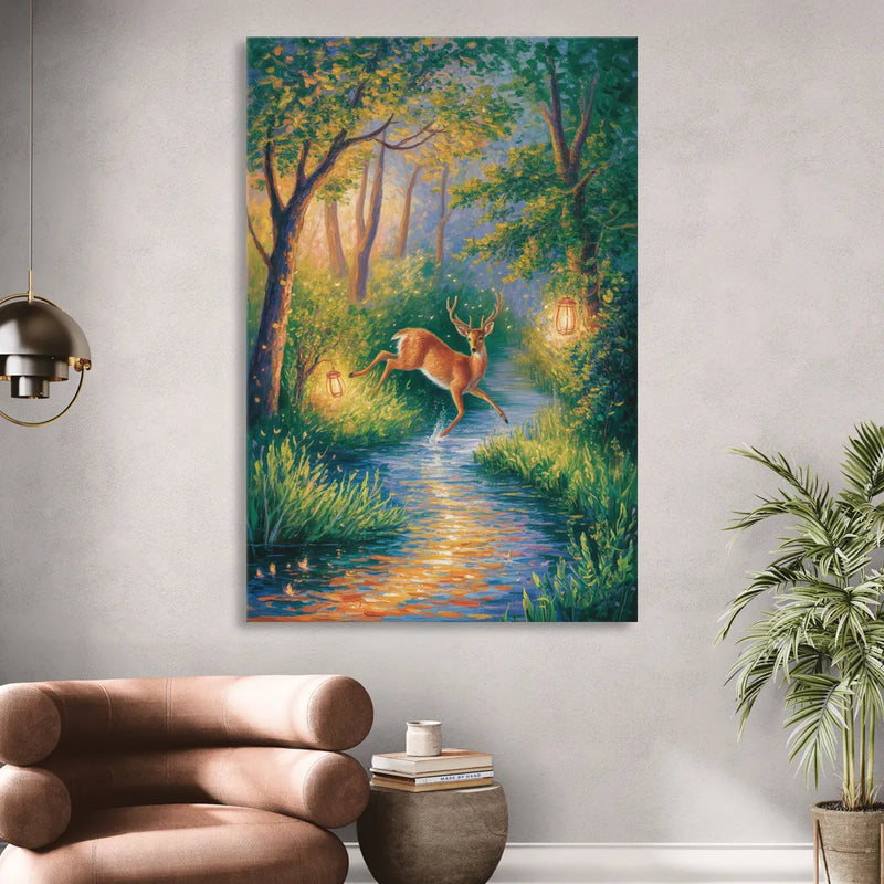 Deer Crossing the Stream Living Room - Canvas Wall Art