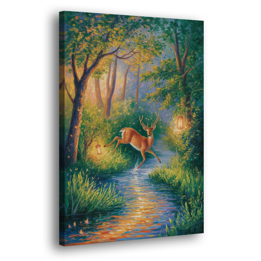 Deer Crossing the Stream Side - Canvas Wall Art