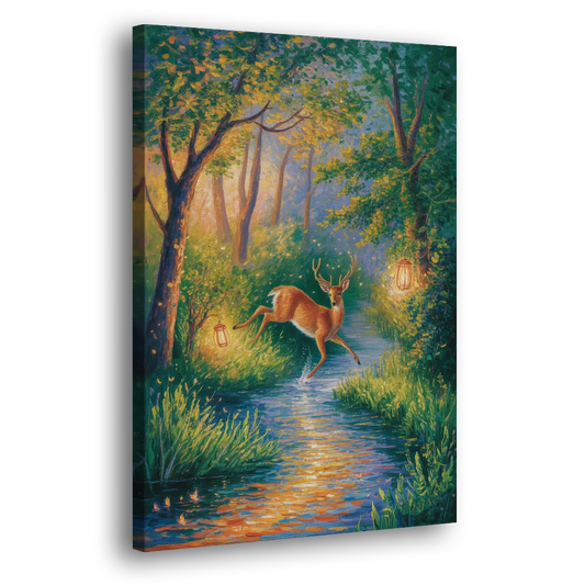 Deer Crossing the Stream Side - Canvas Wall Art
